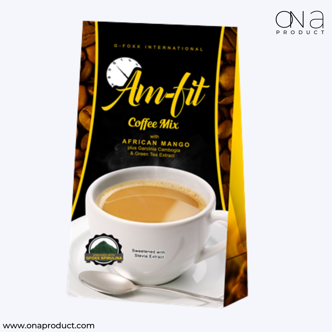 AM-Fit Coffee cup with natural ingredients supporting energy, focus, metabolism, and weight management.