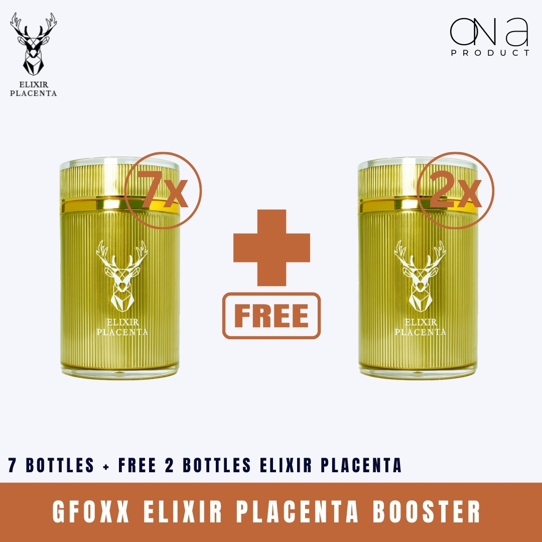 Gfoxx Elixir Placenta Booster with 7 bottles plus 2 free bottles, total of 9 bottles.