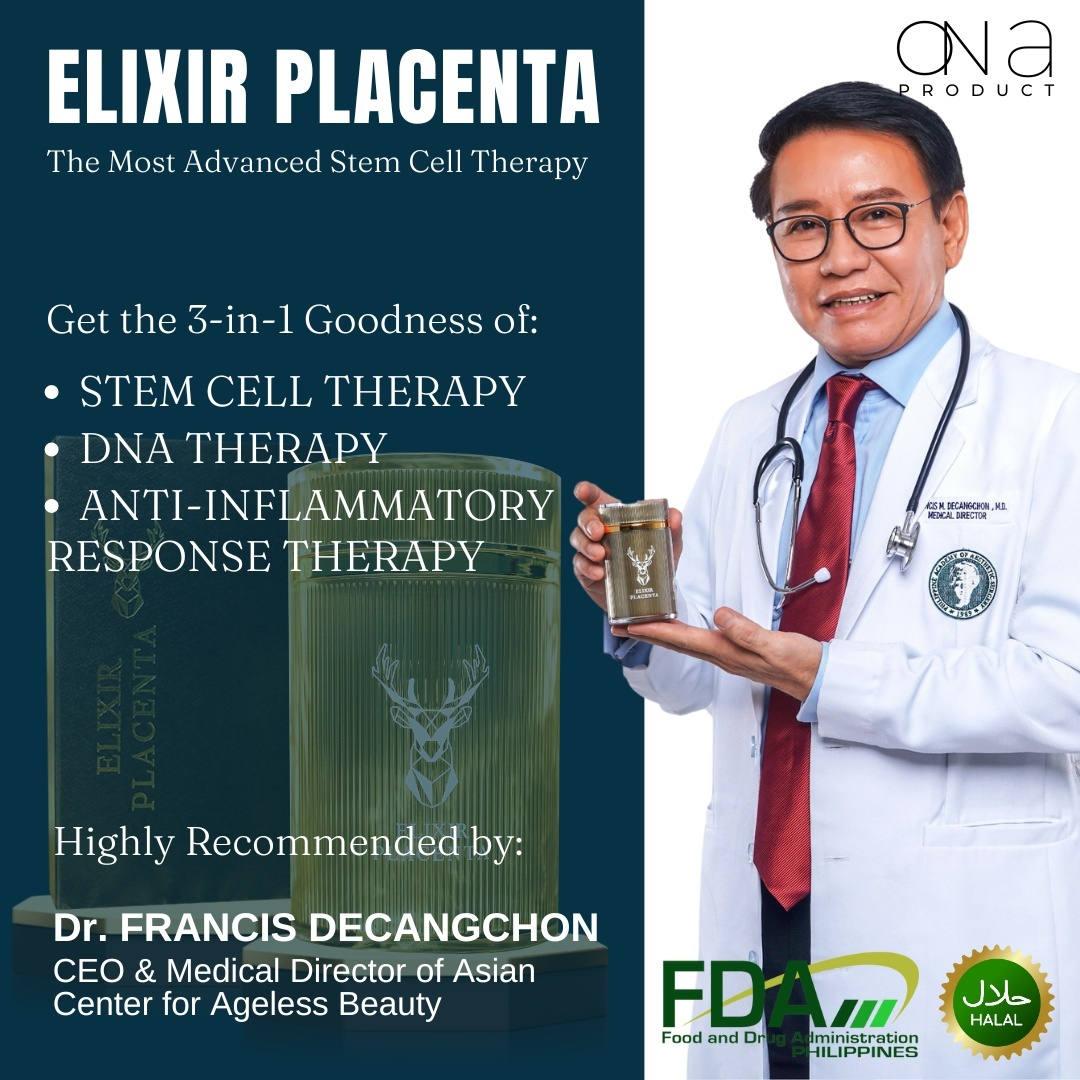 Gfoxx Elixir Placenta product image with doctor endorsement for stem cell, DNA, and anti-inflammatory therapies, FDA and Halal approved.