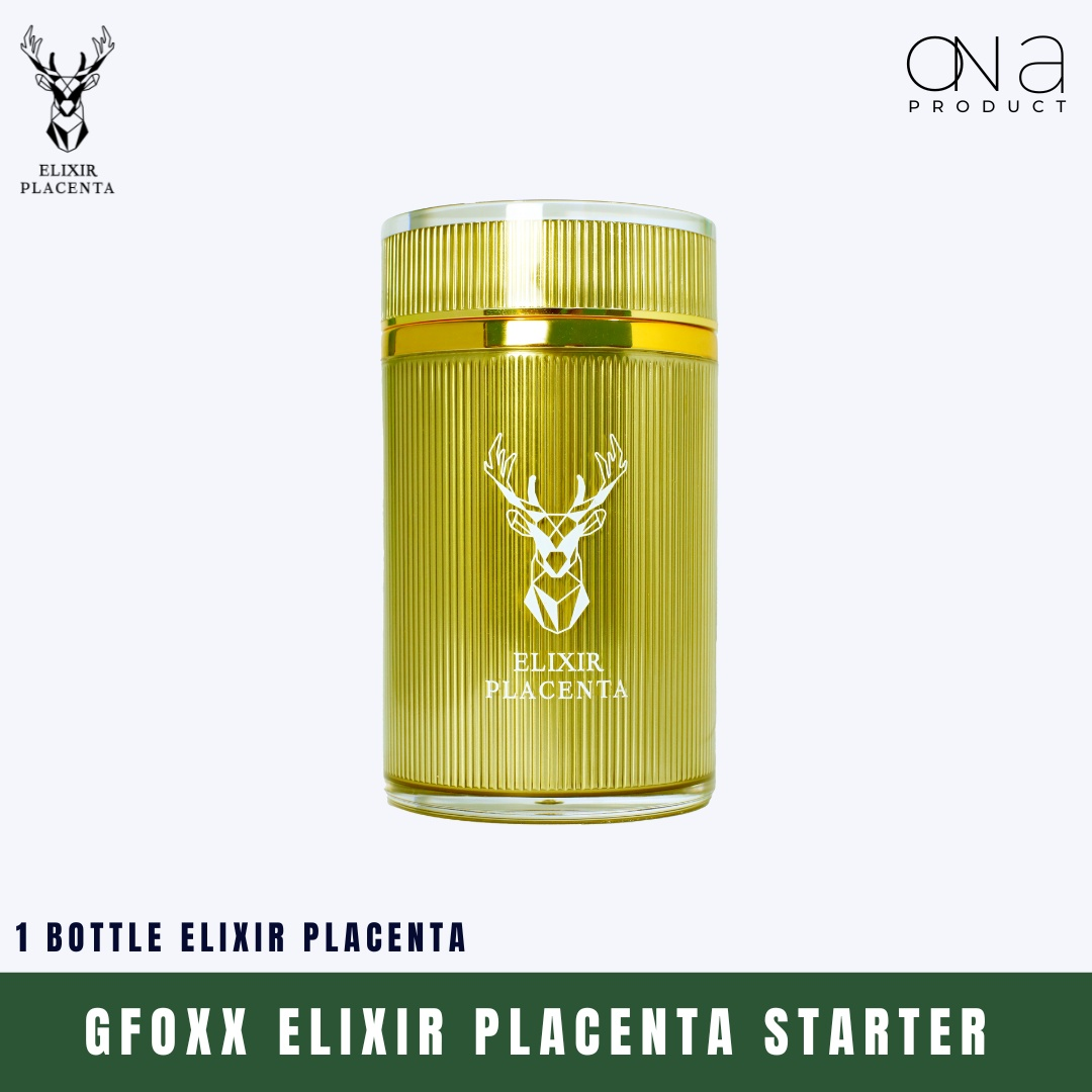 Gfoxx Elixir Placenta Starter bottle with deer logo on a ribbed green container.