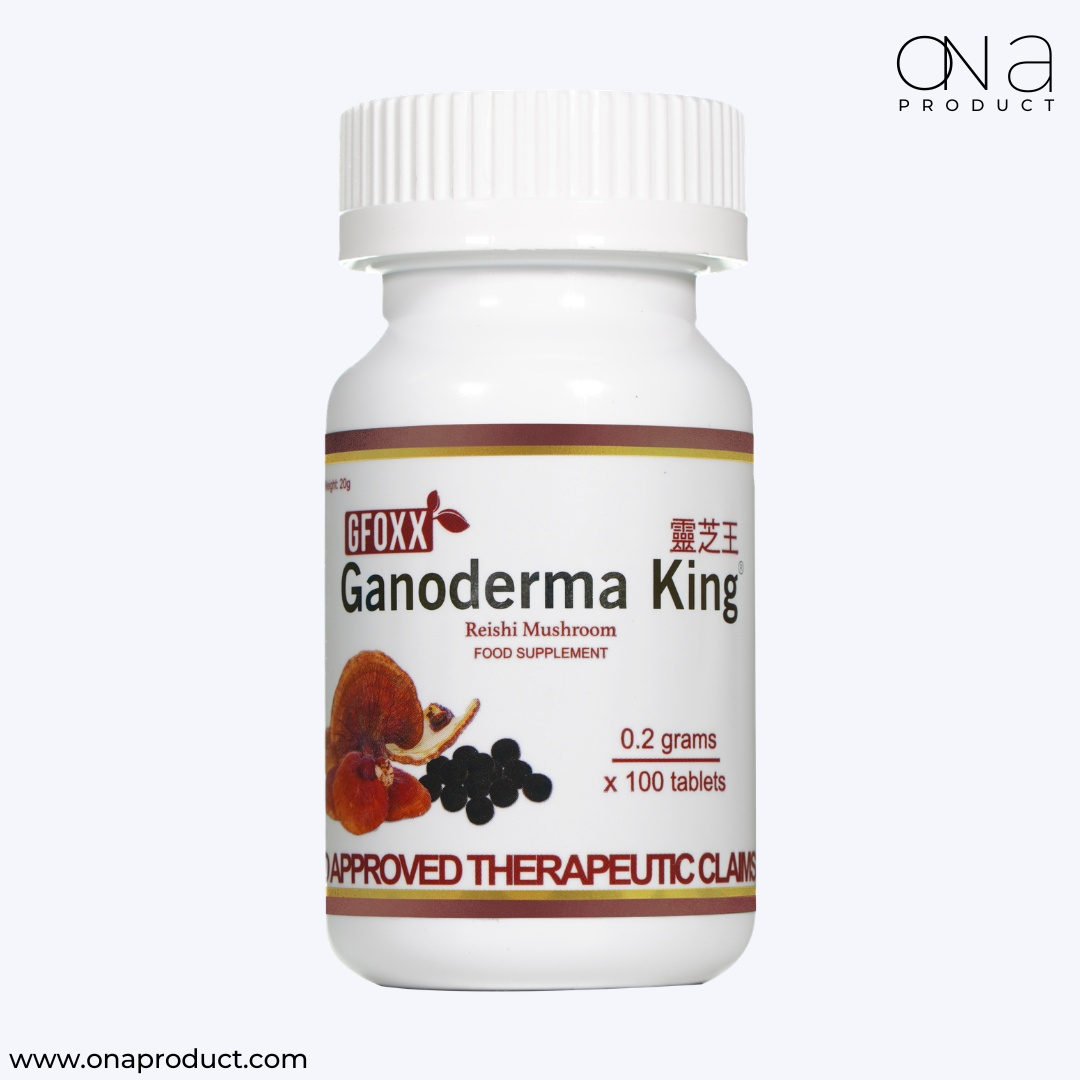 Gfoxx Ganoderma King supplement bottle promoting immune support, energy, and wellness