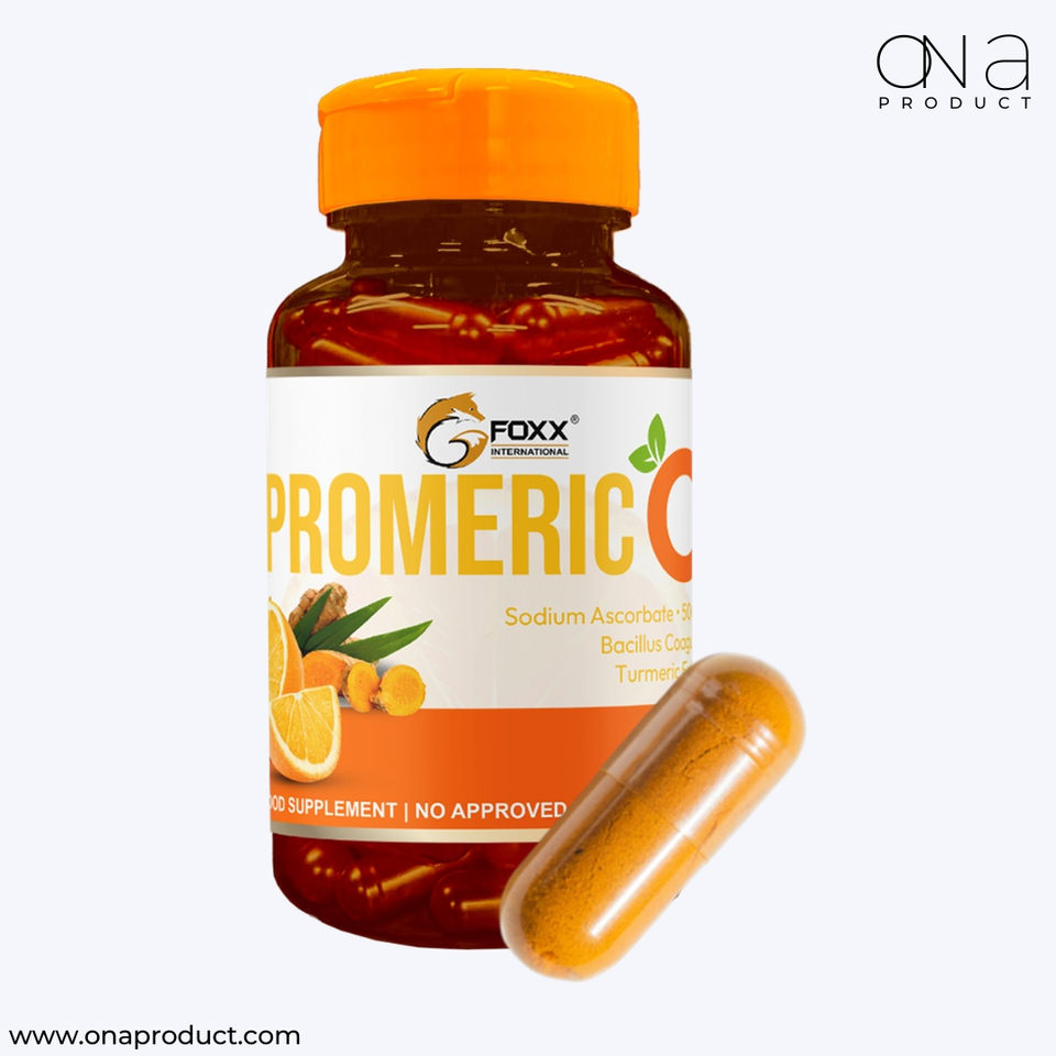 Promeric C supplement bottle with Vitamin C, Turmeric, and probiotics for immune and gut health support