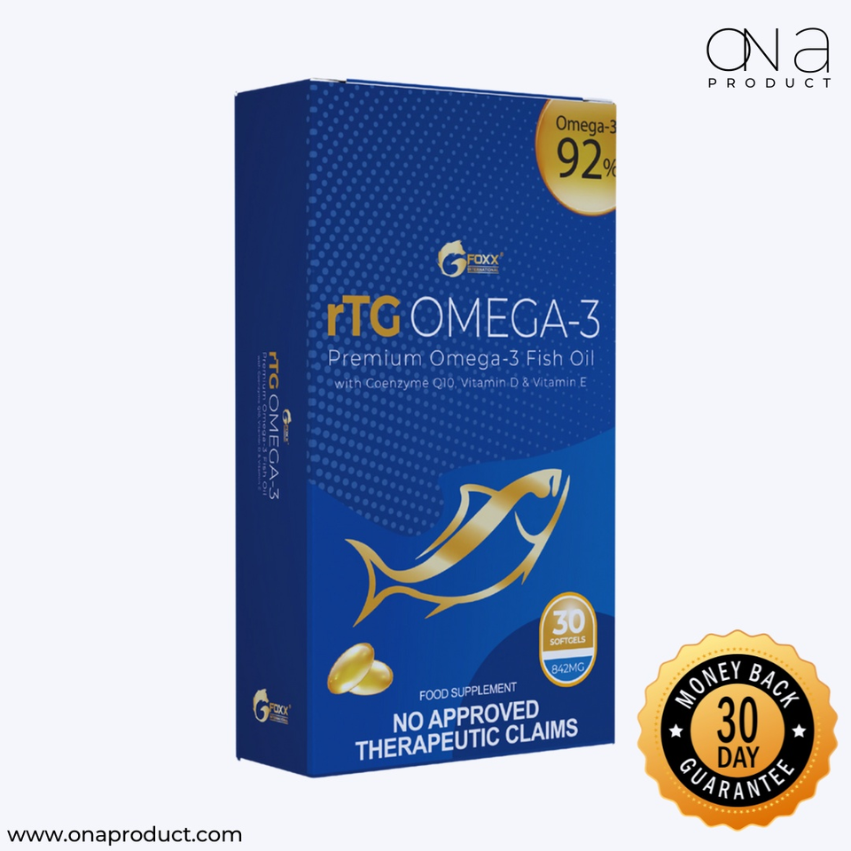 RTG Omega-3 Fish Oil supplement bottle with 30 softgels promoting heart, brain, joint, and skin health