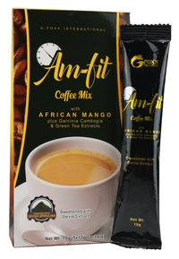 AM-Fit Coffee Mix with African Mango, Garcinia Cambogia, Green Tea Extracts, and Stevia Sweetener in sachet and box packaging