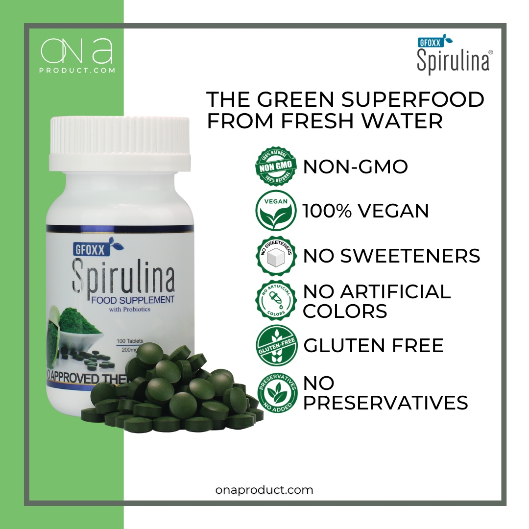 Gfoxx Spirulina food supplement bottle with green tablets highlighting non-GMO, vegan, no sweeteners, no artificial colors, gluten-free, and no preservatives benefits