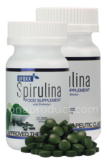 Gfoxx Spirulina food supplement bottles with green tablets and probiotics label