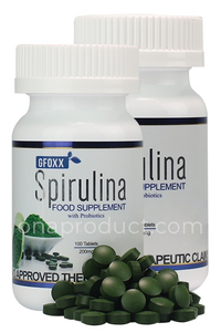 Gfoxx Spirulina food supplement bottles with green tablets and probiotics label